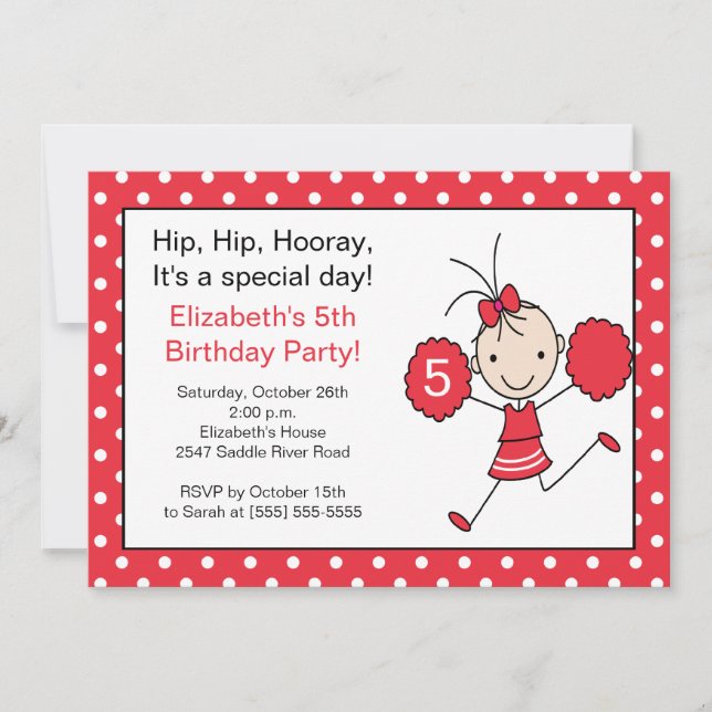 Red & White Cheerleader Cheer Birthday Invitation (Front)