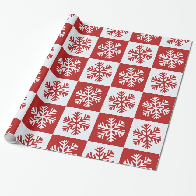 Red white chequerboard snowflake wrapping paper (Unrolled)