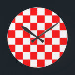 Red White Chequered Check Pattern Round Clock<br><div class="desc">Red and White Check Chequered Geometric Squares Pattern Design</div>