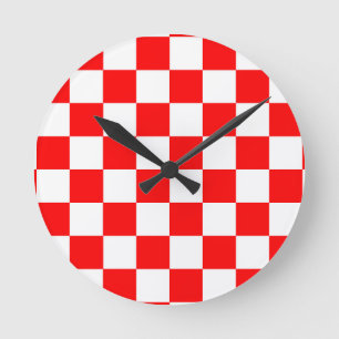 Red White Chequered Check Pattern Round Clock