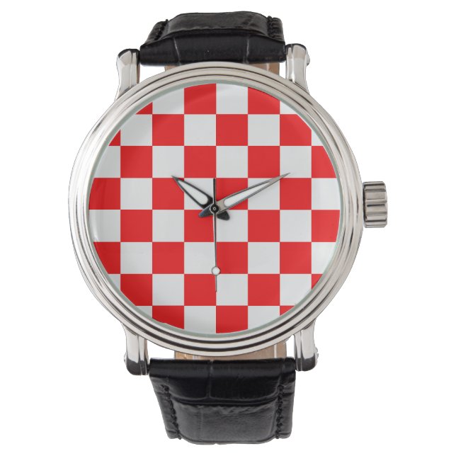 Red White Chequered Check Pattern Watch (Front)