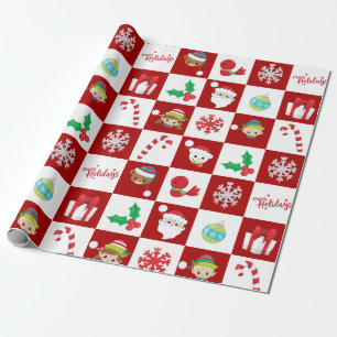 Red White Chequered Christmas Xmas Cartoon Wrapping Paper