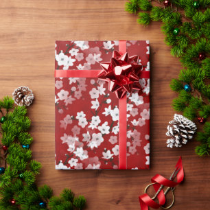 Red White Cherry Blossoms Floral Pattern  Wrapping Paper