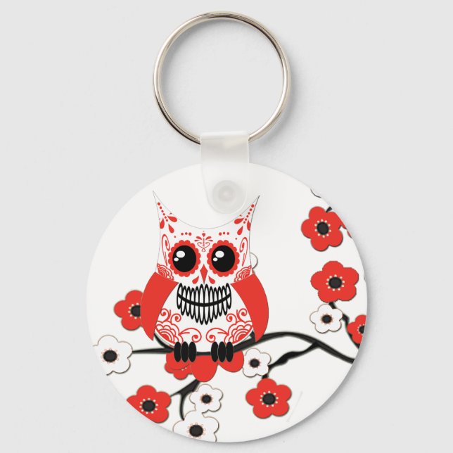 Red White Cherry Blossoms Owl Keychain (Front)