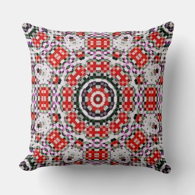 Red & white chess or pixel kaleidoscope circular   cushion (Front)