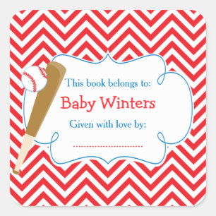 Red/White Chevron Baseball Baby Shower Bookplate Square Sticker