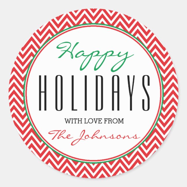 Red & White Chevron "Happy Holidays" Xmas Classic Round Sticker (Front)