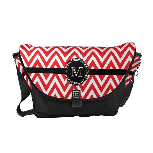 Red white chevron monogram Rickshaw messenger Courier Bag (Front)