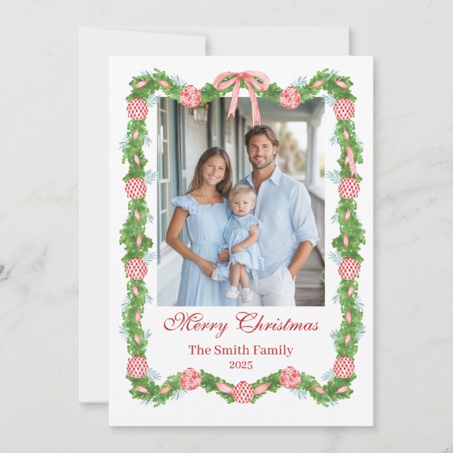 Red & White Chinoiserie Garland Grandmillennial  Holiday Card (Front)