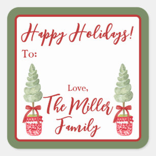 Red & White Chinoiserie Topiary Holiday Gift Square Sticker