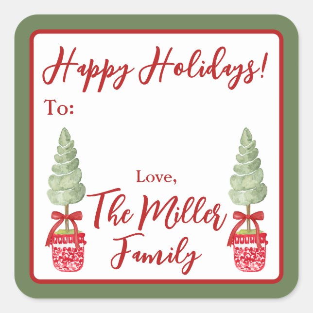 Red & White Chinoiserie Topiary Holiday Gift  Square Sticker (Front)