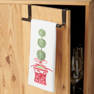 Red & White Chinoiserie Topiary Holiday Tea Towel