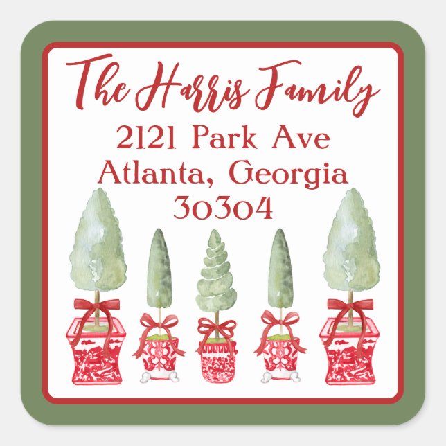 Red & White Chinoiserie Topiary Return Address Square Sticker (Front)