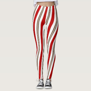 Red White & Chocolate Candy Cane Stripes Christmas Leggings