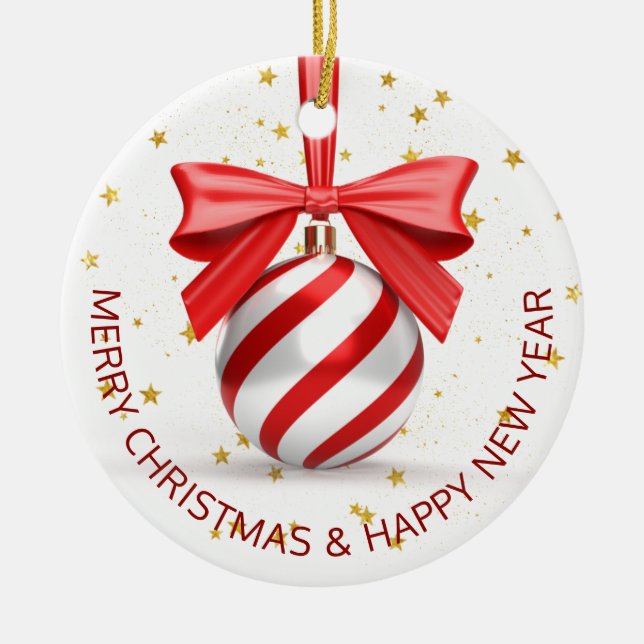 Red White Christmas Bauble Holiday Ceramic Tree Decoration (Front)