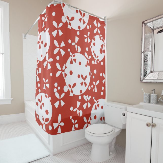 Red White Christmas Bells Holiday Pattern Shower Curtain (In Situ)
