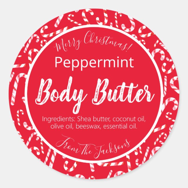 Red White Christmas Candy Cane Body Butter Labels (Front)