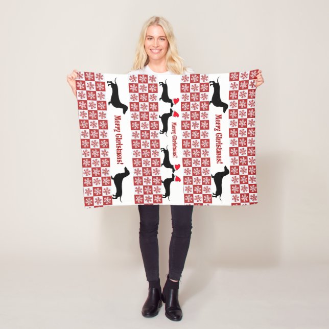 Red & White Christmas Dachshund Fleece Blanket (In Situ)
