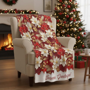 Red White Christmas Floral Pattern#17 ID1009 Fleece Blanket
