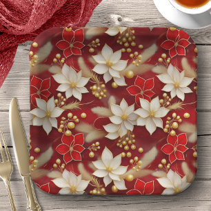 Red White Christmas Floral Pattern#17 ID1009 Paper Plate