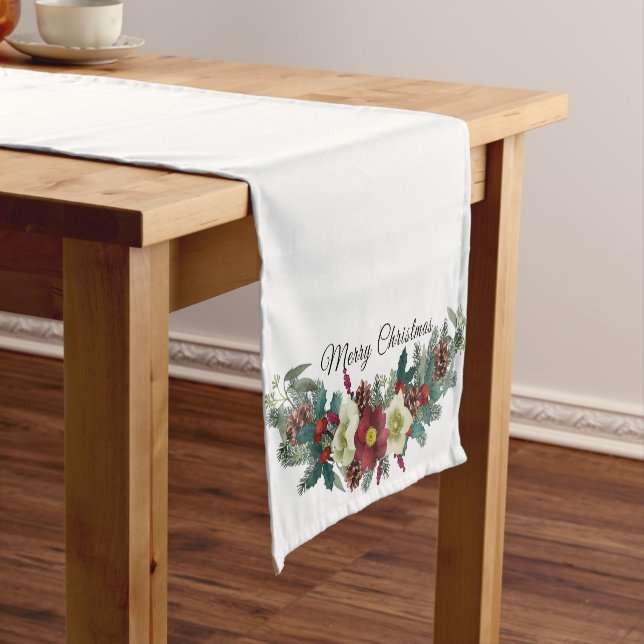 Red & White Christmas Floral Swag Merry Christmas Short Table Runner (In Situ)