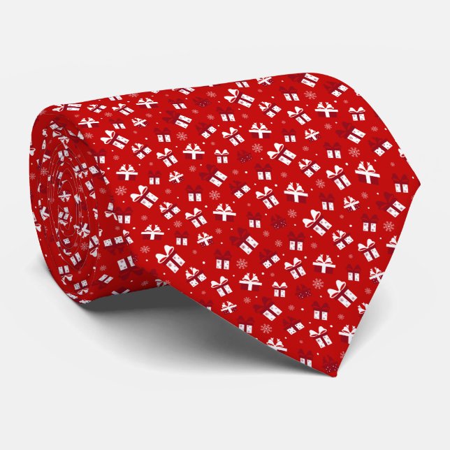 Red & White Christmas Gift Boxes Pattern Tie (Rolled)