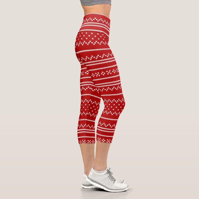 Red & White Christmas Holiday Knitted Pattern Capri Leggings (Right)