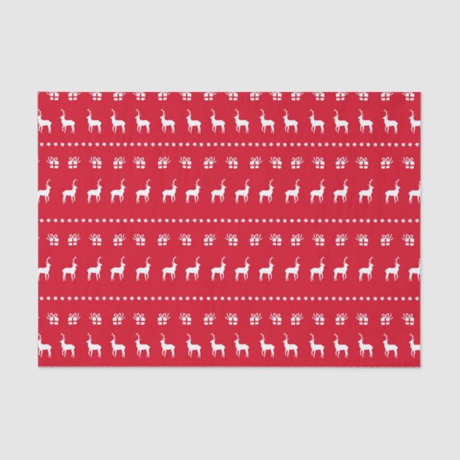 Red White Christmas Holiday Reindeer & Gifts Tissue Paper (Front)
