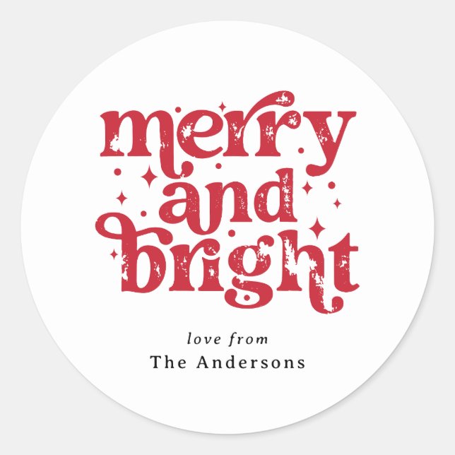 Red & White Christmas Merry & Bright Personalized Classic Round Sticker (Front)