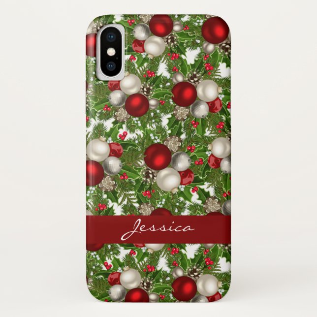 Red White Christmas Ornaments Christmas Holly Case-Mate iPhone Case (Back)
