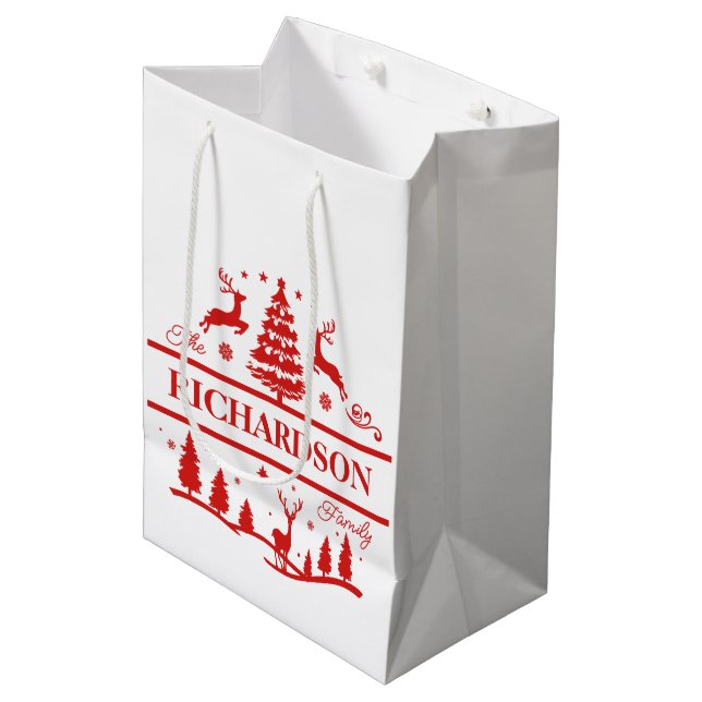 Red White Christmas Personalised Family Name Medium Gift Bag (Front Angled)