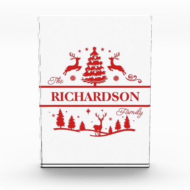 Red White Christmas Personalised Family Name Photo Block (Front)