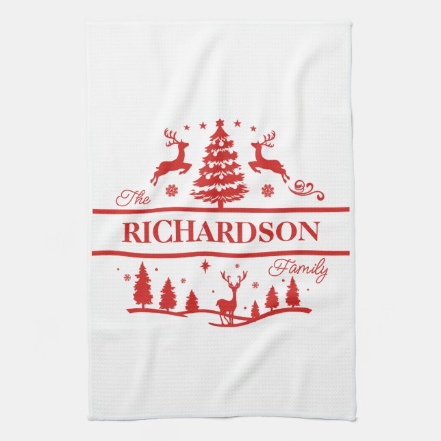 Red White Christmas Personalised Family Name Tea Towel (Vertical)