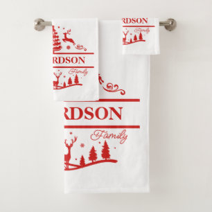 Red White Christmas Personalized Family Name Bath Towel Set