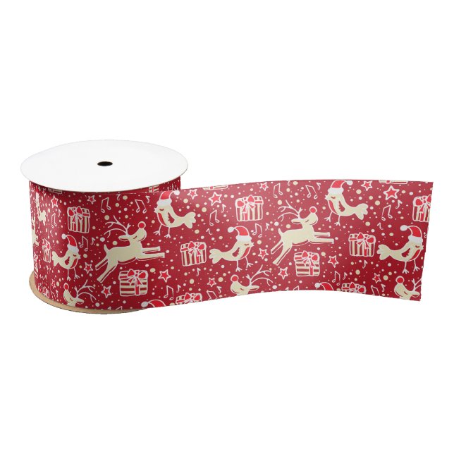 Red white Christmas reindeer and birds ribbon Satin Ribbon (Spool)