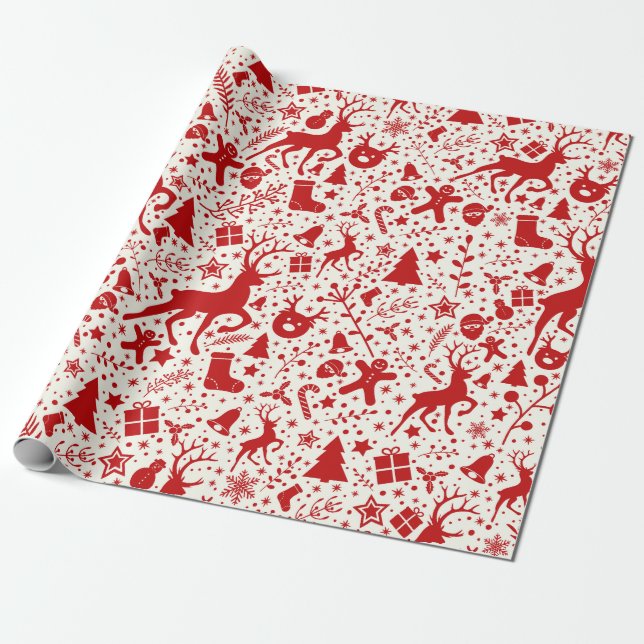Red & White Christmas Reindeer Silhouette Pattern Wrapping Paper (Unrolled)