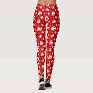 Red & White Christmas Snowflake on Bubbles Pattern Leggings