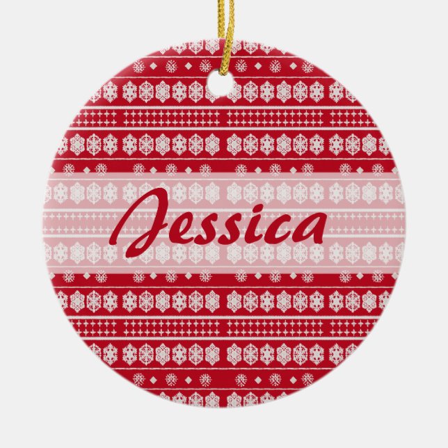 Red white Christmas Snowflake Pattern Ceramic Tree Decoration (Front)