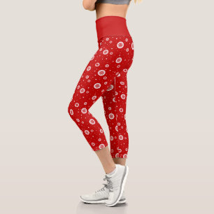 Red & White Christmas Snowflakes and Snow Pattern Capri Leggings