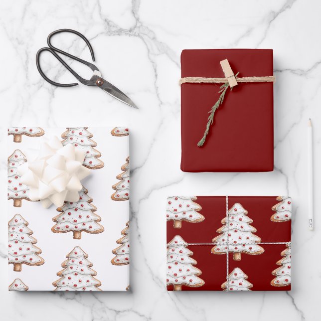 Red White Christmas Tree Cookies Wrapping Paper Sheet (Front)