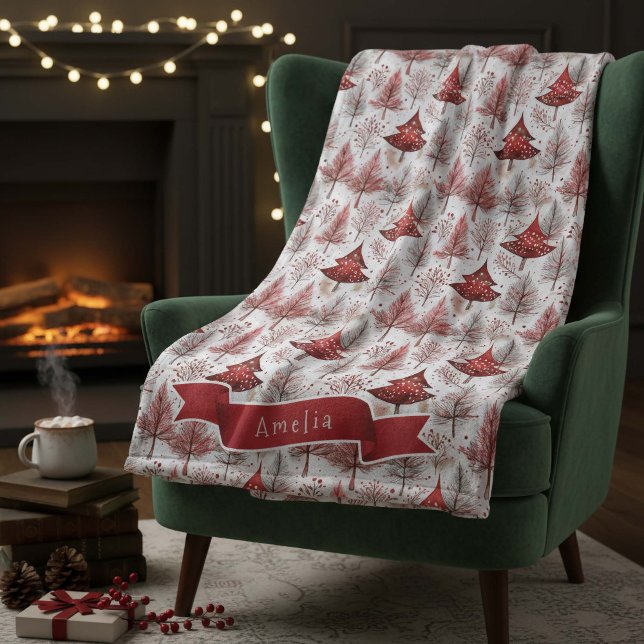 Red White Christmas Tree Pattern#4 ID1009 Fleece Blanket (Creator Uploaded)