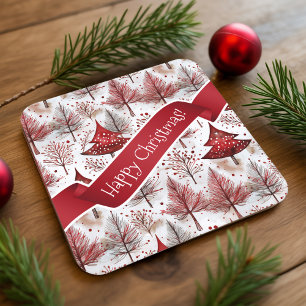 Red White Christmas Tree Pattern#4 ID1009 Square Paper Coaster