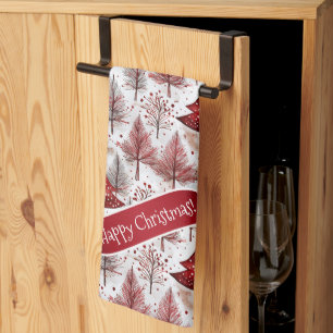 Red White Christmas Tree Pattern#4 ID1009 Tea Towel