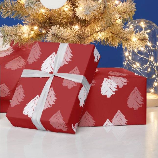 Red White Christmas Tree Pattern Wrapping Paper (Holidays)