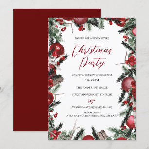 Red White Christmas Wreath Festive Floral Party Invitation