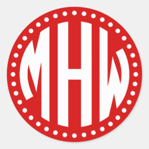 Red White Circle Monogram Font Dot Frame DIY BG Classic Round Sticker