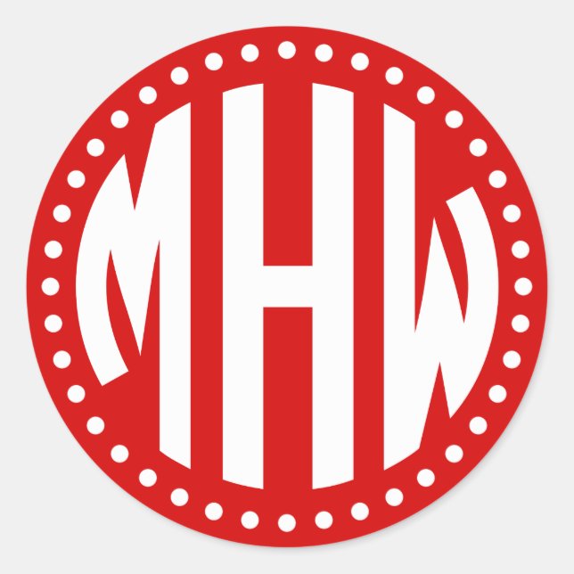 Red White Circle Monogram Font Dot Frame DIY BG Classic Round Sticker (Front)