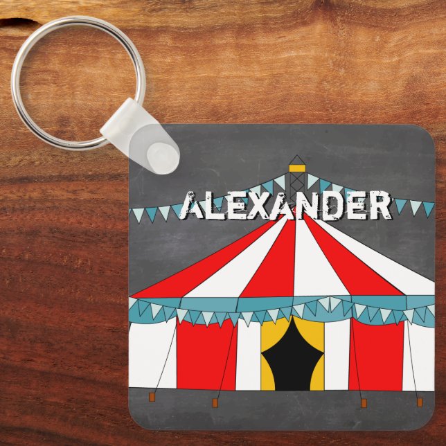 Red & White Circus Tent accented with Blue Bunting Key Ring (Front)