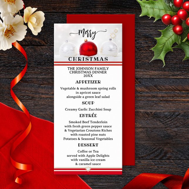 Red White Classic Festive Christmas Menu (Classic Christmas menu card featuring an elegant design with Christmas baubles on snow white)
