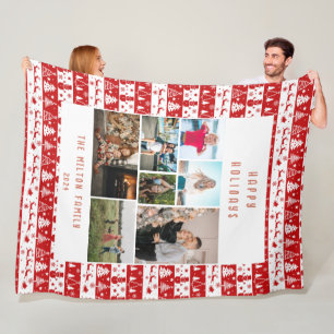 Red White Classical Holiday Multiple Photos Fleece Blanket
